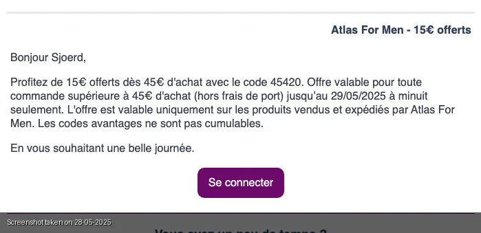 Preuve du coupon - Atlas For Men - Offre spéciale Atlas For Men : [[15€ offerts]] dès 45€ d'achat - Expiré