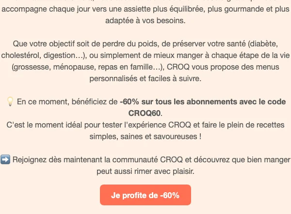 Preuve du coupon - Croq Kilo - Code promo CROQ : [[60% de réduction]] sur tous les abonnements