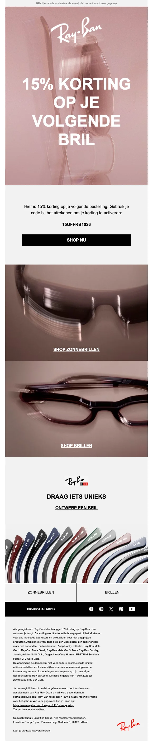 Preuve du coupon - Ray Ban - Code promo : [[15% de réduction]] sur votre prochaine paire de lunettes