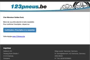 Confirmation d'inscription à la newsletter - https://www.123pneus.be