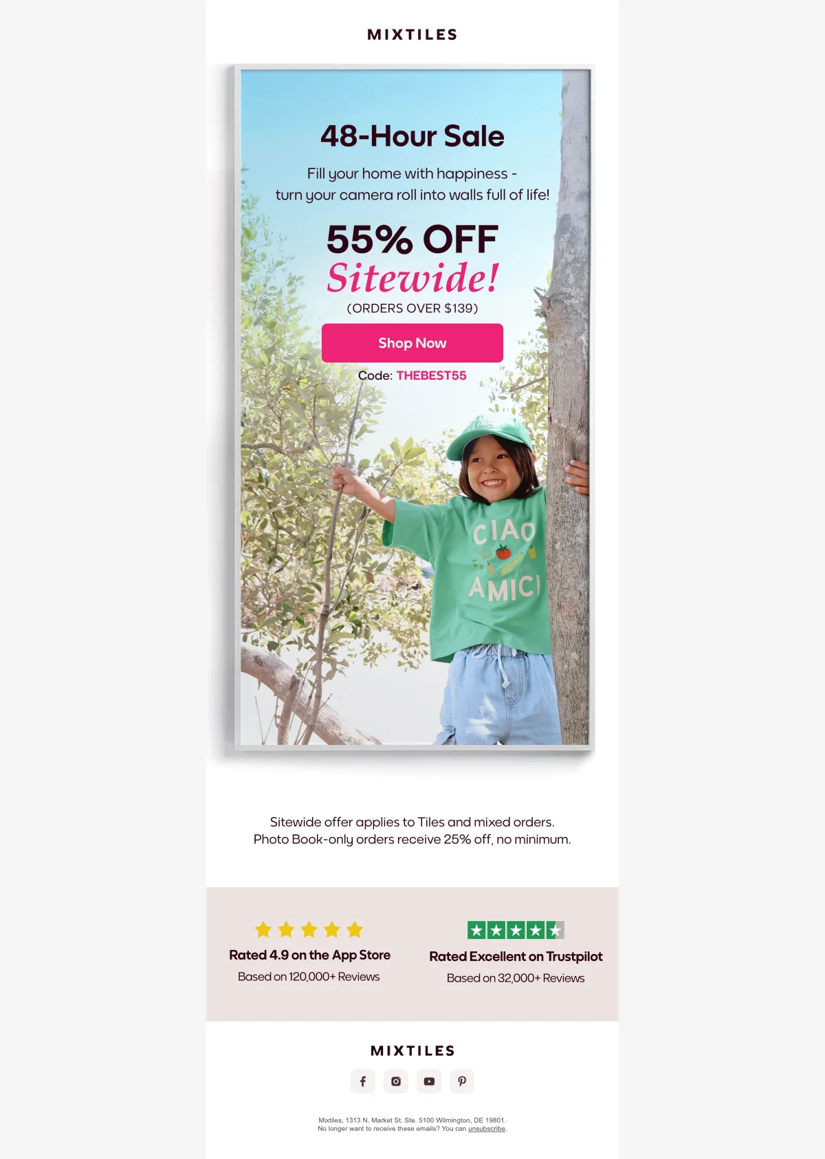 Preuve du coupon - Mixtiles - Code promo : [[55% de réduction]] sur toute la boutique, conditions applicables