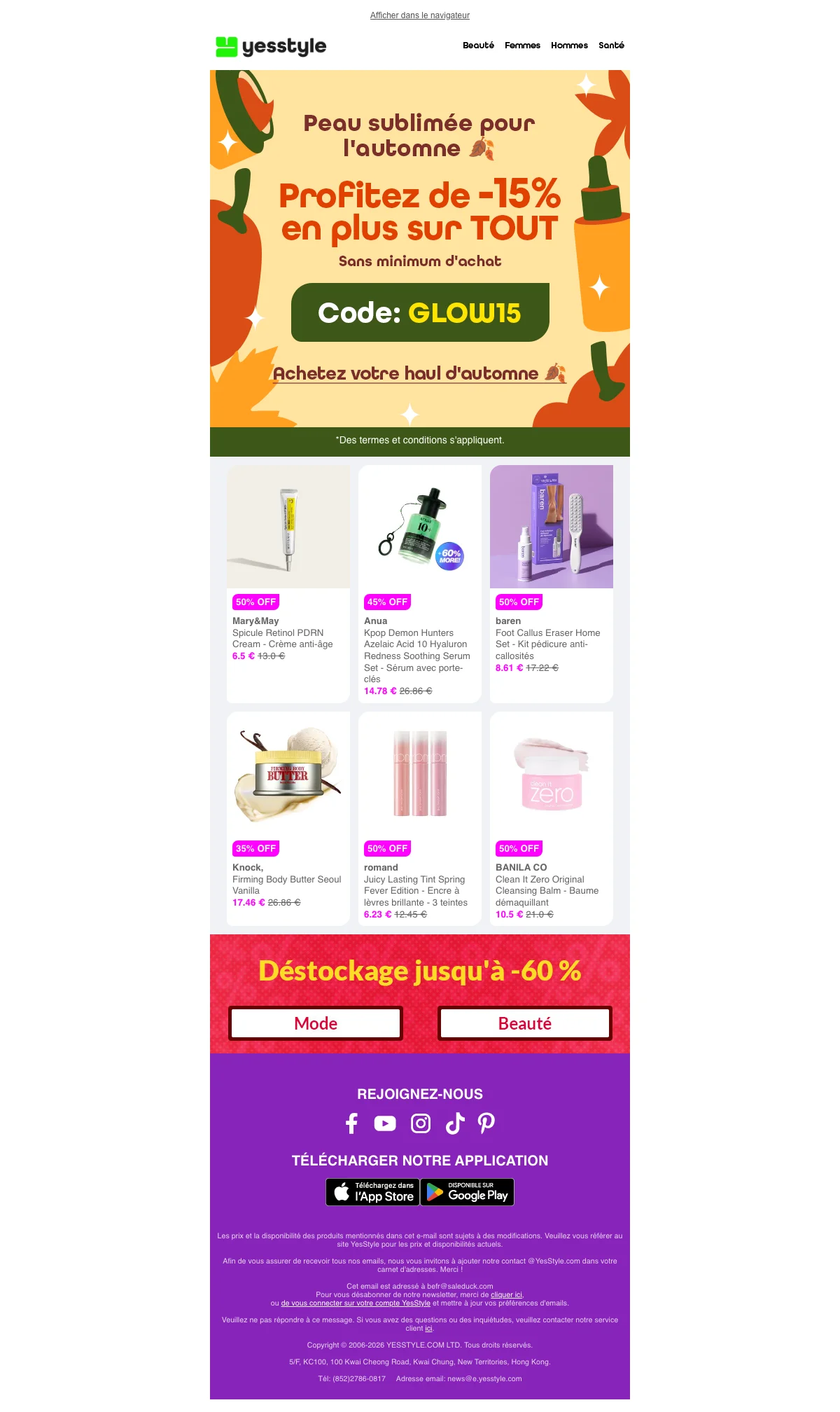 Preuve du coupon - YesStyle - Code promo : [[15% de réduction]] automne sur beauté, sans minimum