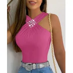Rhinestone Halter Sleeveless Slim Fit Tank Ruched Casual Top
