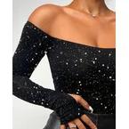 Bronzing Dot Off Shoulder Slim Fitted Top Long Sleeve Shirt Tee