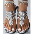 Rhinestone Floral Pattern Hollow Out Flip Flops Slippers