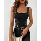 Rhinestone Decor Square Neck Thick Strap Backless Slim Fit Tank Top