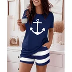2 Pieces Outfit Anchor Print Round Neck Short Sleeve Top and Striped Elastic Waist Shorts Set Casual Pajamas Set