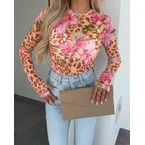 Women's Leopard & Lily Mesh Long Sleeve Top Sheer O-Neck Slim Fit Blouse for Casual Streetwear & Layering