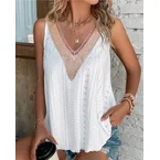 Women's V Neck Tank Top Eyelet Embroidery Sleeveless Tee Frill Hem Backless Contrast Patchwork Summer Top