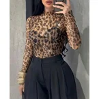 Rhinestone Decor Leopard Print Mock Neck Long Sleeve Tee Sexy Slim Fit Sheer Top