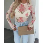 Women's Floral Mesh Long Sleeve Top Sheer O-Neck Slim Fit Blouse for Casual Streetwear & Layering