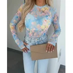 Women's Watercolor Floral Mesh Long Sleeve Top Sheer O-Neck Slim Fit Blouse for Casual Streetwear & Layering