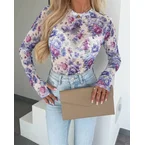Women's Floral Mesh Long Sleeve Top Sheer O-Neck Slim Fit Blouse for Casual Streetwear & Layering