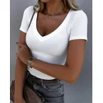 Women's V Neck Ribbed Knit Short Sleeve T-Shirt Slim Fit Casual Tee Basic Versatile Top