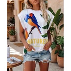 Tropical Animal & Plants Letter Print O-neck Short Sleeve Tee Casual Rolled Cuffs Top