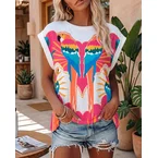 Colorblock Parrots Print O-neck Short Sleeve Tee Casual Rolled Cuffs Top