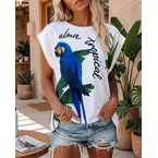 Tropical Animal & Plants Letter Print O-neck Short Sleeve Tee Casual Rolled Cuffs Top