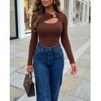 Women's Rib Knit Long Sleeve Top Gold Buckle Cut Out Tee Twisted Front Hollow Out Slim Fit Top
