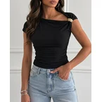 CHICME Women's Skew Neck Ruched Top Asymmetric Neckline Short Sleeve Knit Blouse with Gold Buckle Detail
