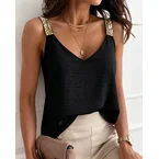 V-Neck Sequin Decor Thick Straps Tank Casual Backless Textured Tank Top