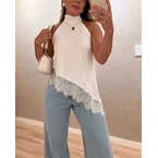Women's Halter Tie Lace Patchwork Top Elegant Sleeveless Asymmetrical Hem Blouse