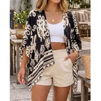 Vintage Baroque Print Open Front Half Sleeve Cover-up Casual Hollow-out Back Loose Fit Cardigan
