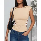 Round Neck Cap Sleeve Side Colorblock Hollow-out Floral Pattern Slim Fit Top