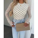 Women's Mesh Polka Dot Top Lined Sheer Long Sleeve Tee Crewneck Slim Fit Layering Under Base Top with Thumbholes