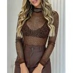 Women's Rhinestone Mock Neck Mesh Top Sexy Sheer Long Sleeve See Through Tee Sparkly Party Nightclub Top