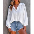 Women's Textured Button Down Shirt Loose Fit Lantern Sleeve Blouse Casual Office Work Top