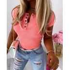 Women's Henley Short Sleeve Top Slim Fit Ribbed Knit Casual T-Shirt