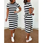 Women's Casual Striped Midi Dress Short Sleeve Crewneck Tie Waist T Shirt Dress Side Slit Commuting Dress