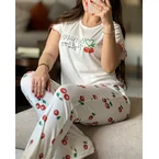 2 Pieces Outfit Letter & cherry Print Short Sleeve Frill Trim Top and Elastic Waist Pants Set Casual Ribbed Pajamas Set
