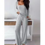 Women's Ribbed Knit Lounge Set Lace Trim Square Neck Long Sleeve Top and Straight Leg Drawstring Pants with Pockets