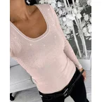 Women's Rhinestone Embellished Ribbed Long Sleeve Layering Top Slim Fit U-Neck Knit Tee Elegant Stretchy Pullover