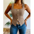 Women's Square Neck Ribbed Tank Top Vintage Abstract Gold Button Knit Camisole Slim Fit Slit Vest