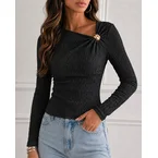 Women's Asymmetric Twist Neck Top Textured Ruched Long Sleeve Tee Slim Fit Shimmering Buckle Blouse