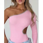 Women's One Shoulder Long Sleeve Ribbed Bodysuit Sexy Cutout Contrast Binding Bodysuit