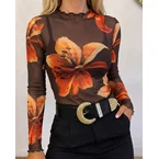 Women's Floral Print Sheer Mesh Top Frill Trim Mock Neck Long Sleeve Tee