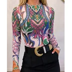 Women's Vintage Abstract Print Sheer Mesh Top Frill Trim Mock Neck Long Sleeve Tee