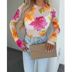 Women's Floral Print Sheer Mesh Top Long Sleeve Slim Fit Crewneck Layering Top with Thumb Hole Cuffs