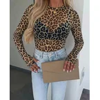 Women's Leopard Print Sheer Mesh Top Long Sleeve Crewneck Fitted Tee with Thumb Holes