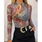 Women's Vintage Print Sheer Mesh Top Frill Trim Mock Neck Long Sleeve Tee