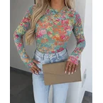 Women's Floral Print Sheer Mesh Top Long Sleeve Slim Fit Crewneck Layering Top with Thumb Hole Cuffs