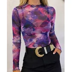 Women's Vintage Tie Dye Print Sheer Mesh Top Frill Trim Mock Neck Long Sleeve Tee