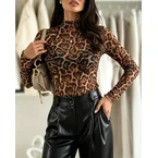Women's Vintage Leopard Print Sheer Mesh Top Mock Neck Long Sleeve Fitted Tee