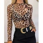 Women's Leopard Print Sheer Mesh Top Frill Trim Mock Neck Long Sleeve Tee
