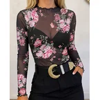 Women's Sheer Mesh Vintage Floral Print Mock Neck Frill Trim Long Sleeve Top