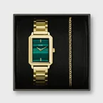 Gift Box Fluette Watch Steel, Green & Round Chain Bracelet, Gold Colour