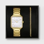 Gift Box La Tétragone Watch Steel, White Pearl & Curb Chain Bracelet, Gold Colour